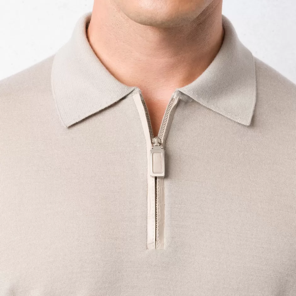 CASHMERE AND SILK BLEND WITH CROCODILE DETAIL ZIP POLO SHIRT | Stefano Ricci Discount