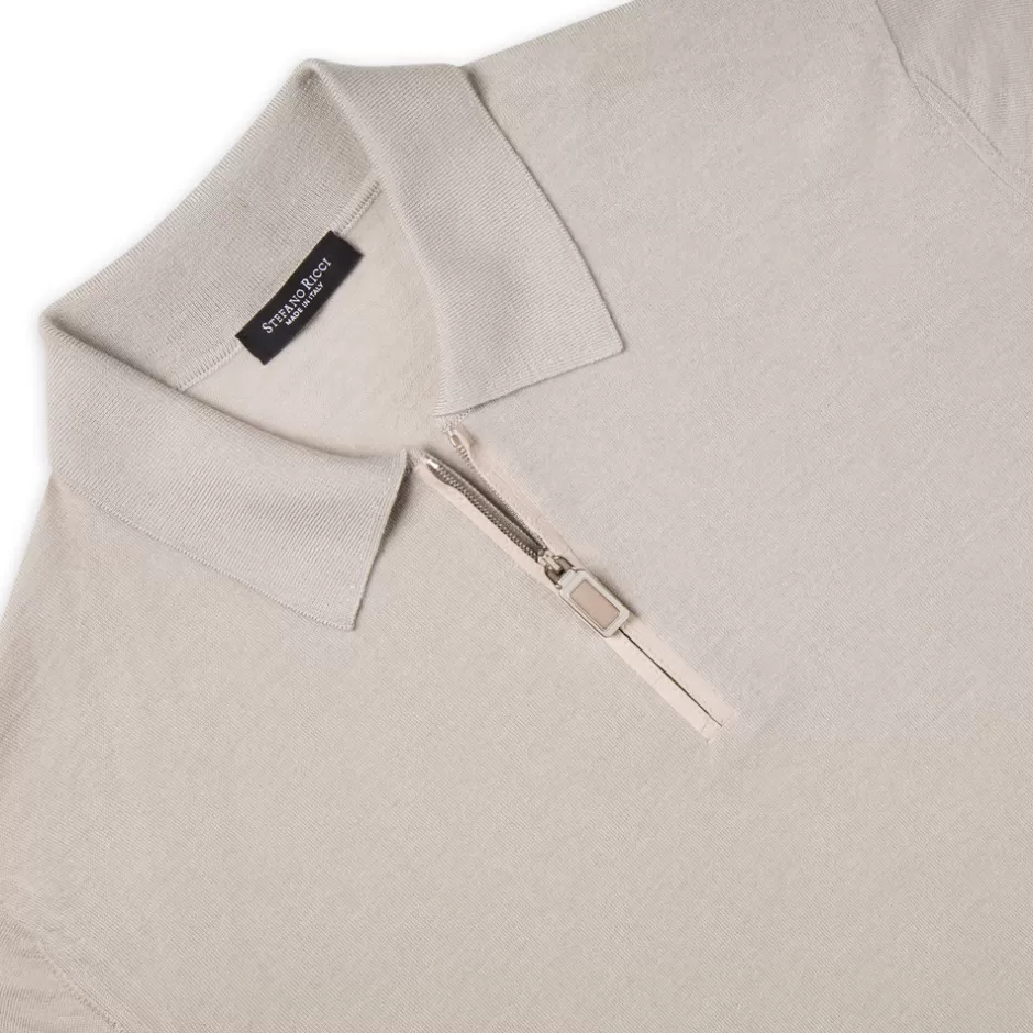 CASHMERE AND SILK BLEND WITH CROCODILE DETAIL ZIP POLO SHIRT | Stefano Ricci Discount