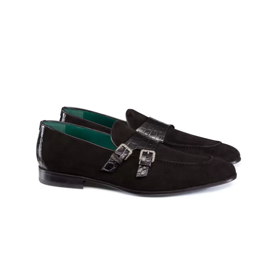 CROCODILE AND SUEDE MONK STRAP SHOES | Stefano Ricci Sale