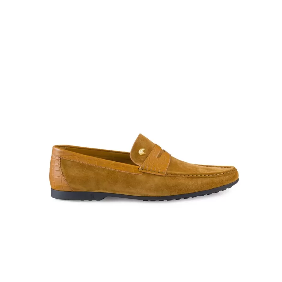 SUEDE AND MATTED CROCODILE LEATHER PENNY SLOT LOAFERS | Stefano Ricci Shop